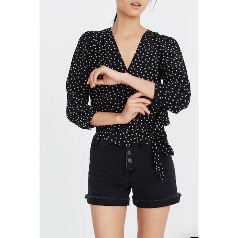Madewell Star Scatter Silk Wrap Top Black Star Print Cropped Blouse V-Neck Small